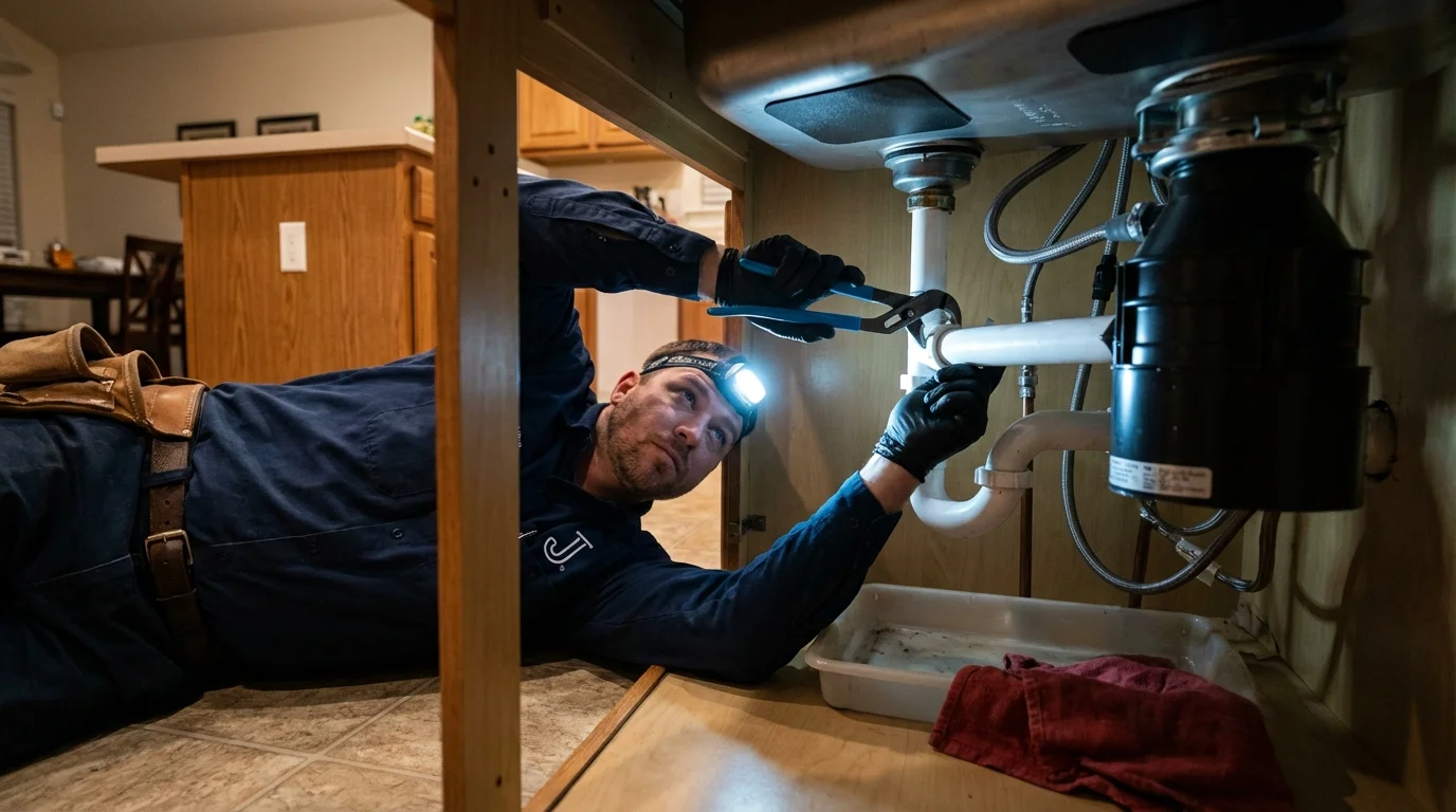 P-trap and supply line connections under a kitchen sink showing a common leak point in Lyons, CO